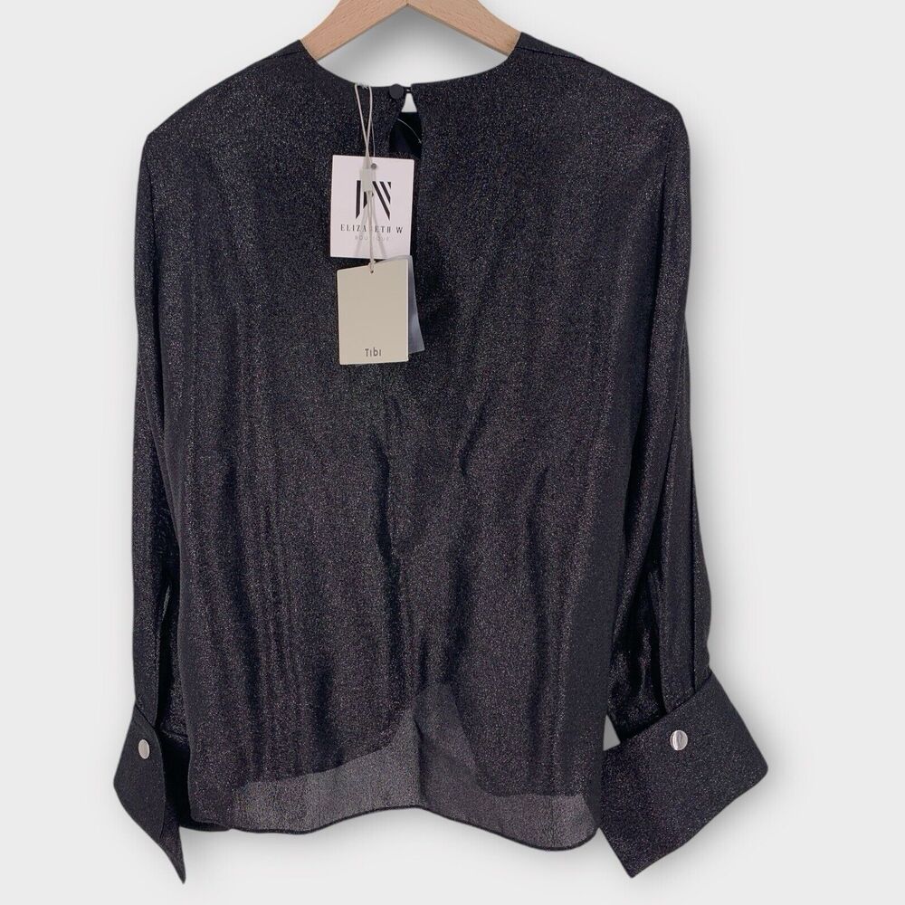 NWT Tibi Lame Flap Cuff Crewneck Top Blouse Black Sparkle 2 - Picture 4 of 16